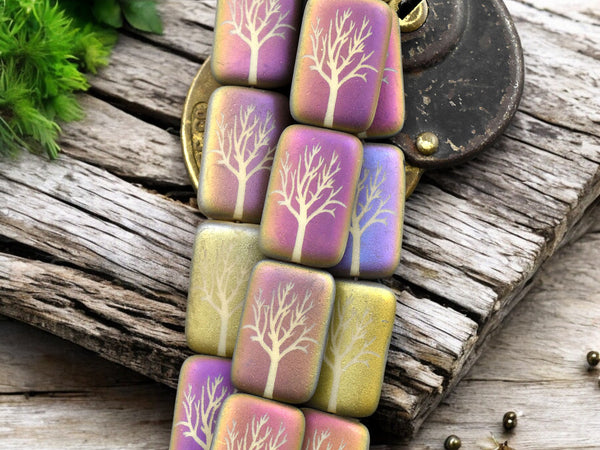 *6* 18x12mm Matte Ivory Sliperit Tree of Life Laser Tattoo Rectangle Beads