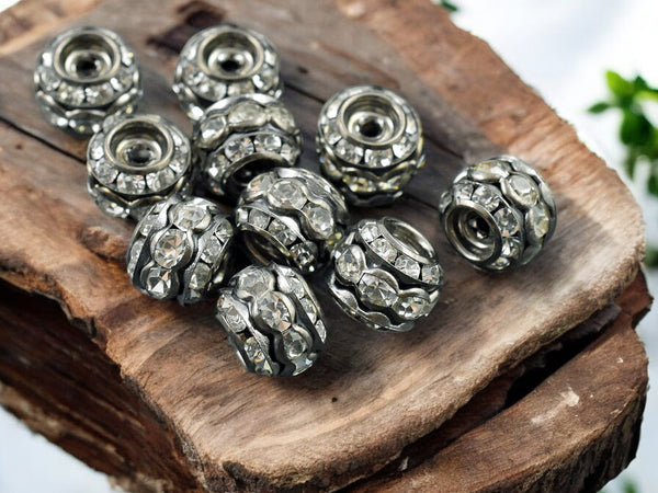 *10* 10mm Gunmetal Stacked Barrel Rhinestone Beads