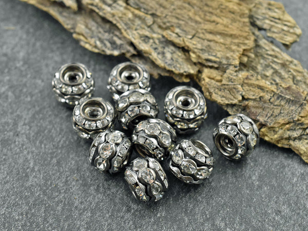 *10* 10mm Gunmetal Stacked Barrel Rhinestone Beads