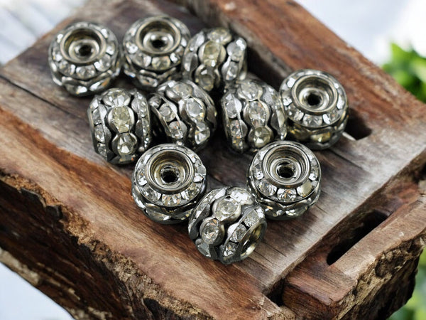 *10* 10mm Gunmetal Stacked Barrel Rhinestone Beads