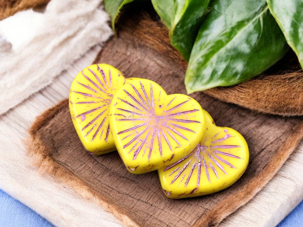 *3* 22mm Pink Washed Opaque Sunflower Yellow Silk Heart Beads