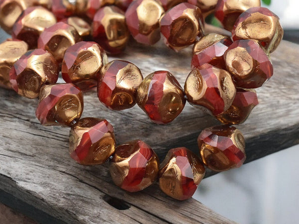 *15* 9mm Bronze Washed Ruby Red Central Cut Round Beads