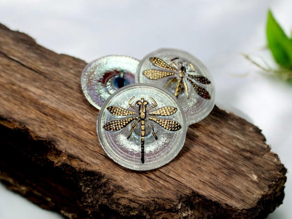 22mm Dragonfly Button Transparent Glass with AB Finish and a Gold Dragonfly - Czech Glass Buttons