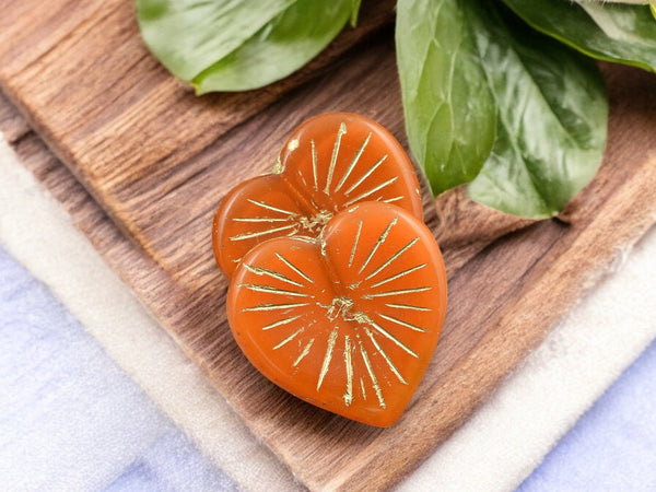 *2* 22mm Bronze Washed Orange Opaline Heart Beads