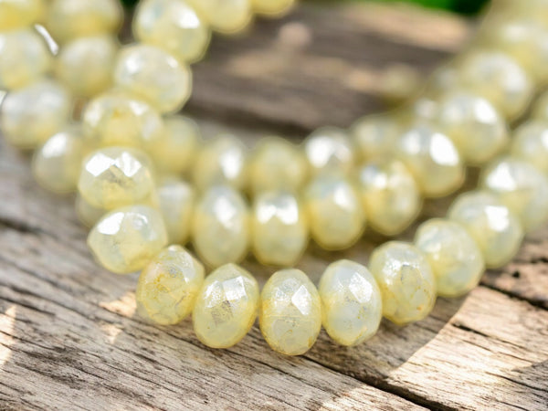 *30* 3x5mm Silver Picasso Washed Yellow Ivory Opal Fire Polished Rondelle Beads