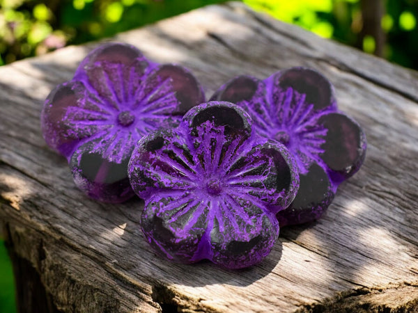 *2* 21mm Etched Purple Washed Purple Hibiscus Flower Beads