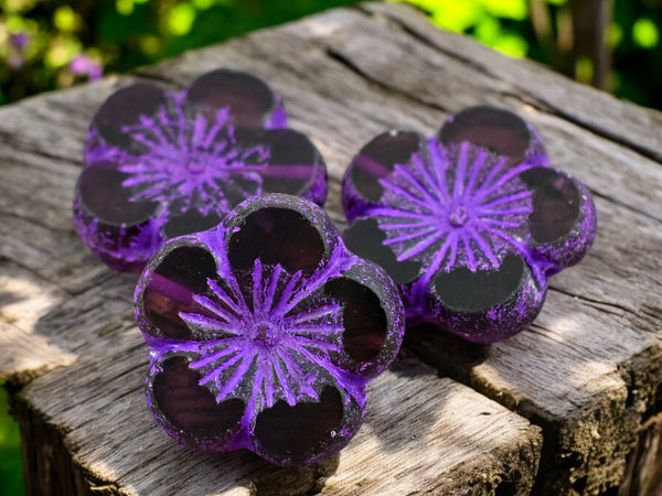 *2* 21mm Etched Purple Washed Purple Hibiscus Flower Beads