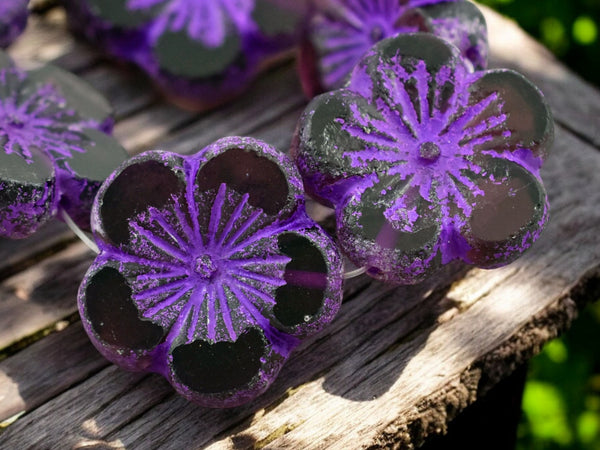 *2* 21mm Etched Purple Washed Purple Hibiscus Flower Beads