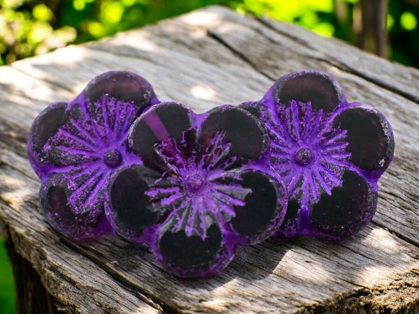 *2* 21mm Etched Purple Washed Purple Hibiscus Flower Beads