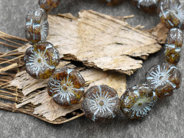 *12* 12mm Turquoise Washed Etched Matte Amber Hawaiian Flower Beads