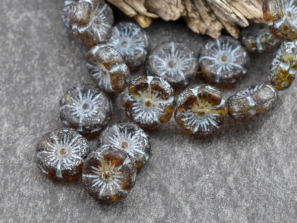 *12* 12mm Turquoise Washed Etched Matte Amber Hawaiian Flower Beads