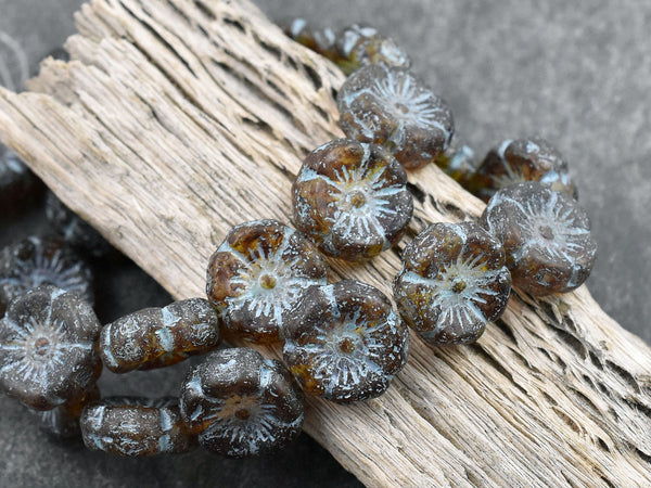 *12* 12mm Turquoise Washed Etched Matte Amber Hawaiian Flower Beads