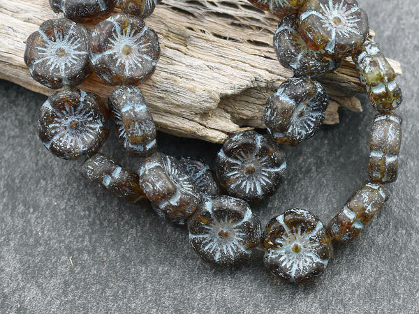 *12* 12mm Turquoise Washed Etched Matte Amber Hawaiian Flower Beads