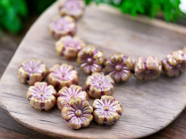 *16* 9mm Metallic Pink Washed Beige Picasso Hawaiian Flower Beads