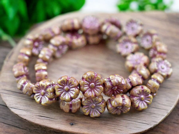 *16* 9mm Metallic Pink Washed Beige Picasso Hawaiian Flower Beads