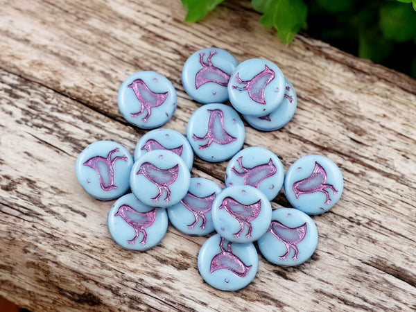 *15* 12mm Metallic Pink Washed Opaque Sky Blue Bird Coin Beads