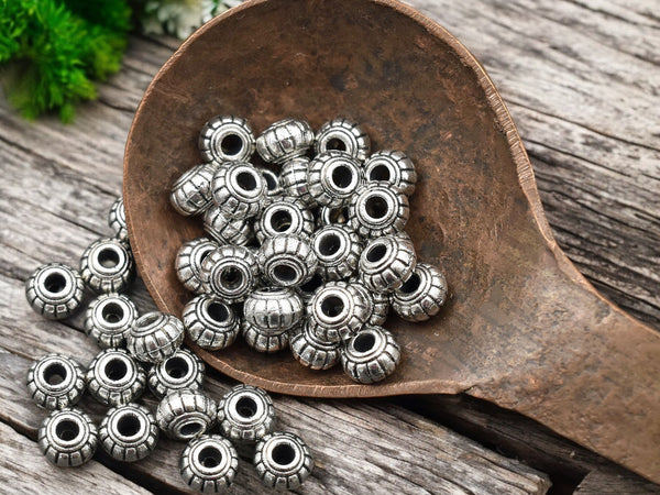 *100* 6x4mm Antique Silver Grooved Rondelle Spacer Beads