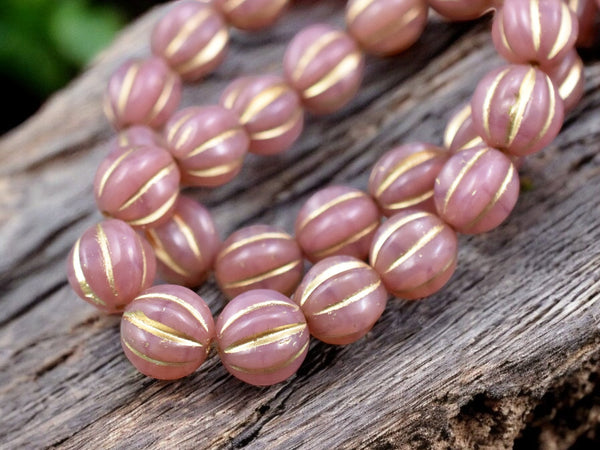 Gold Washed Pink Opal Round Melon Beads