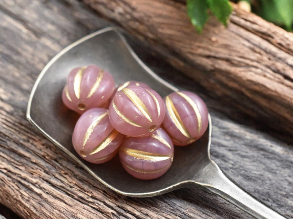 Gold Washed Pink Opal Round Melon Beads