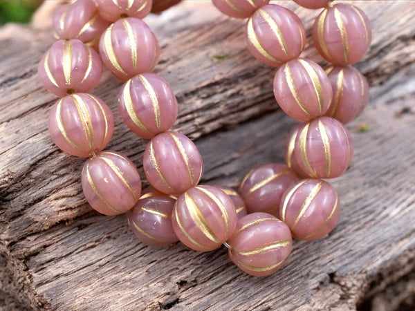 Gold Washed Pink Opal Round Melon Beads