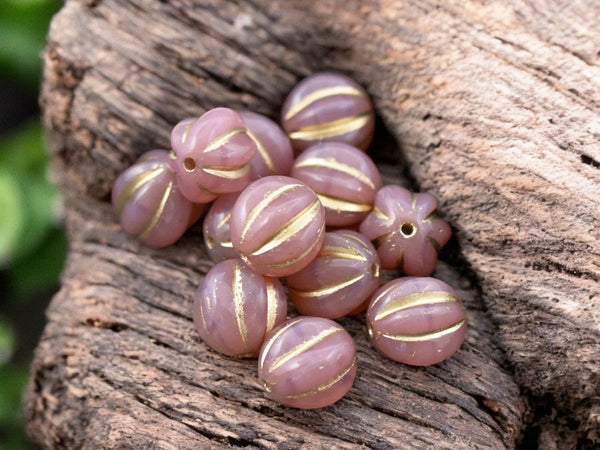 Gold Washed Pink Opal Round Melon Beads