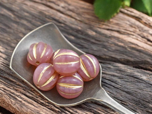 Gold Washed Pink Opal Round Melon Beads