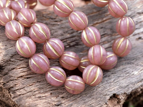 Gold Washed Pink Opal Round Melon Beads