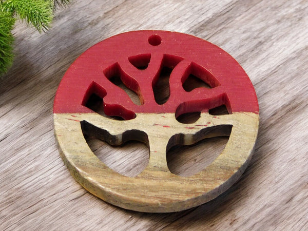 28mm Wood Resin Tree of LIfe Pendant (Red)