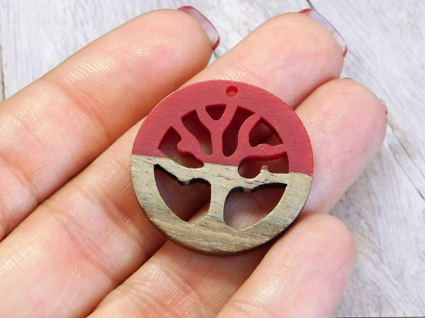 28mm Wood Resin Tree of LIfe Pendant (Red)