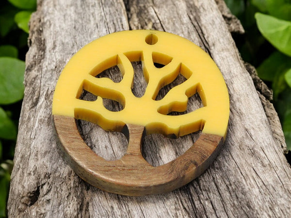 28mm Wood Resin Tree of LIfe Pendant (Yellow)