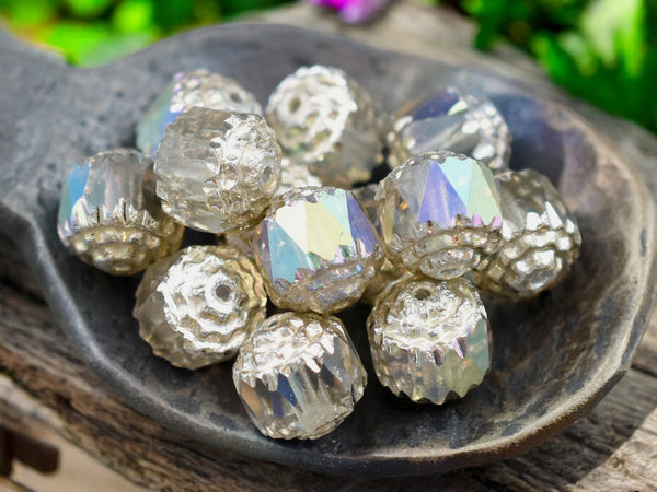 Silver Washed Smoke Apollo AB Fire Polished Cathedral Beads