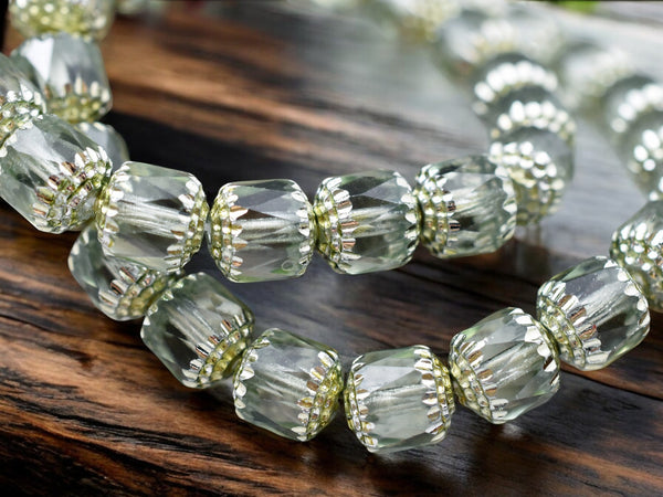 *12* 10mm Silver Washed Celadon Green Fire Polished Cathedral Beads