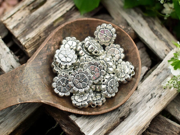 *50* 9mm Antique Silver Flower Coin Beads