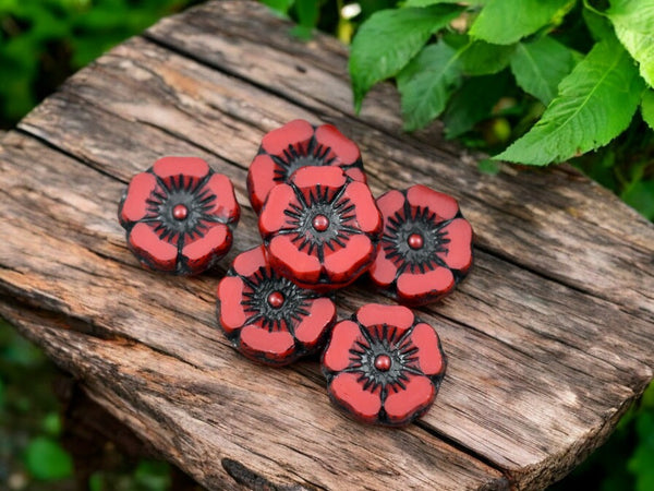 *12* 12mm Black Inlayed Opaque Red Hawaiian Flower Beads