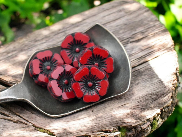 *12* 12mm Black Inlayed Opaque Red Hawaiian Flower Beads