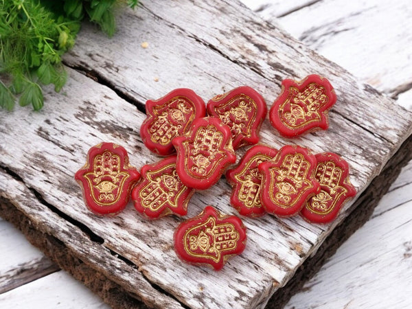 *10* 15x14mm Bronze Washed Matte Red Hamsa Hand Beads