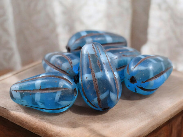 *10* 15x8mm Brown Washed Caribbean Blue Melon Drop Beads