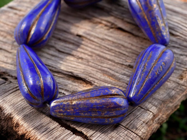 *6* 22x11mm Bronze Washed Indigo Melon Drop Beads