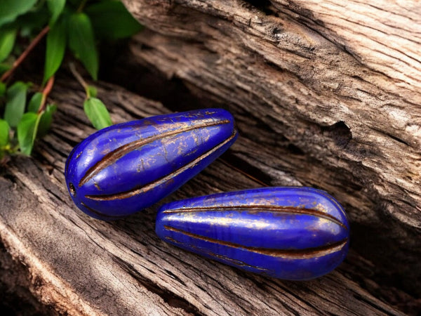 *6* 22x11mm Bronze Washed Indigo Melon Drop Beads