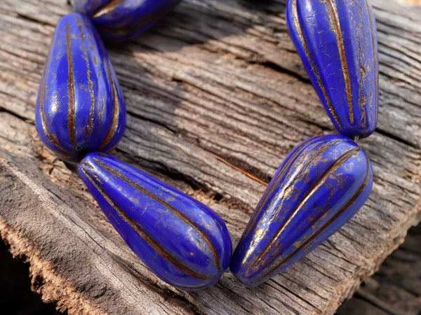 *6* 22x11mm Bronze Washed Indigo Melon Drop Beads