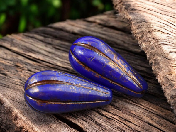 *6* 22x11mm Bronze Washed Indigo Melon Drop Beads