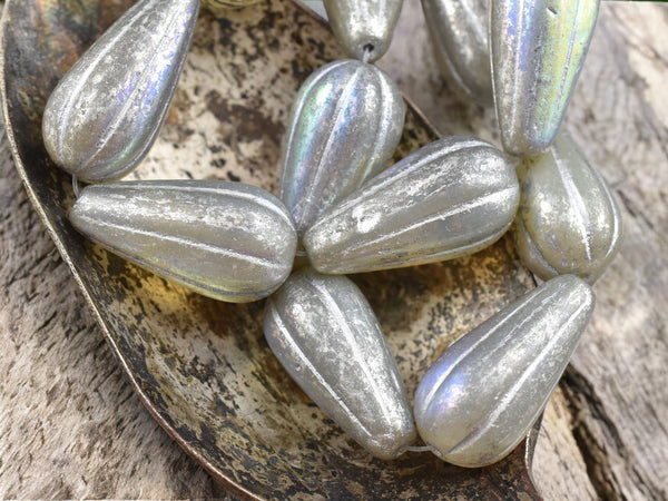 *6* 22x11mm Silver Mercury Washed Grey Opaline AB Melon Drop Beads