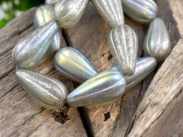 *6* 22x11mm Silver Mercury Washed Grey Opaline AB Melon Drop Beads