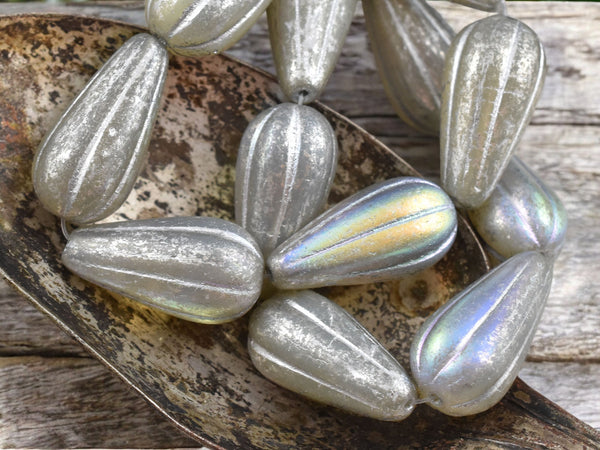 *6* 22x11mm Silver Mercury Washed Grey Opaline AB Melon Drop Beads