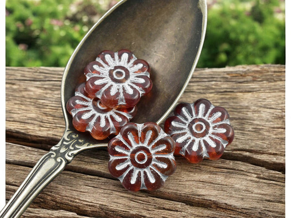 *6* 18mm Silver Washed Ruby Red Daisy Flower Beads