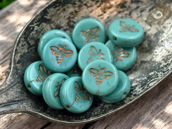 *12* 12mm Dark Bronze Washed Opaque Turquoise Bee Coin Beads