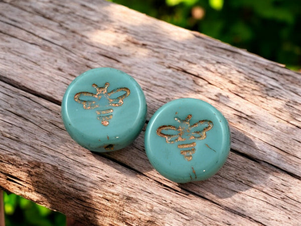 *12* 12mm Dark Bronze Washed Opaque Turquoise Bee Coin Beads