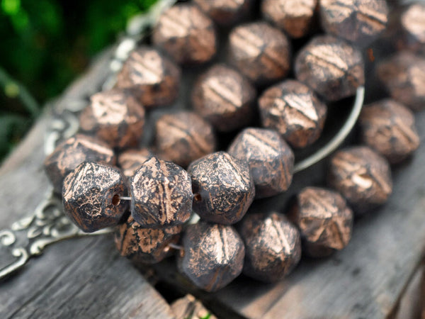 Copper Washed Etched Charcoal Gray Antique Cut Round Beads -- Choose Your Size