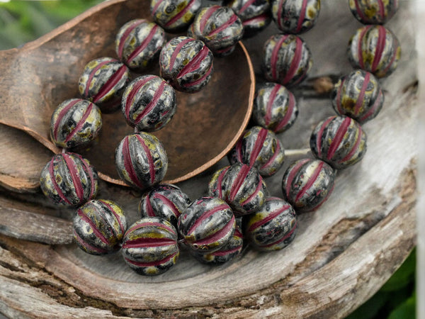 Red Washed Jet Picasso Round Melon Beads