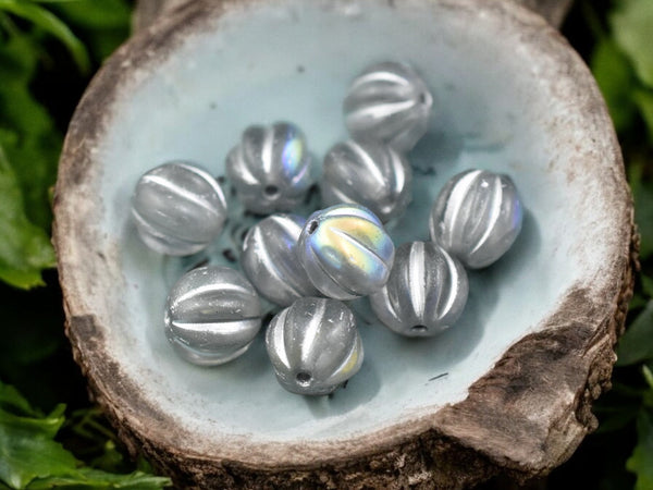 Silver Washed Transparent Gray AB Fluted Round Melon Beads -- Choose Your Size